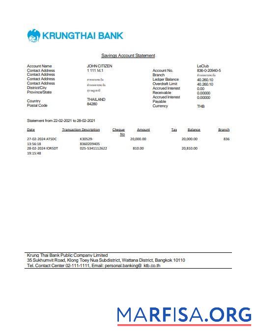 Downloadable Thailand Krungthai bank statement word sample